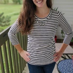 J. Crew XS Black & White Striped Embellished Top